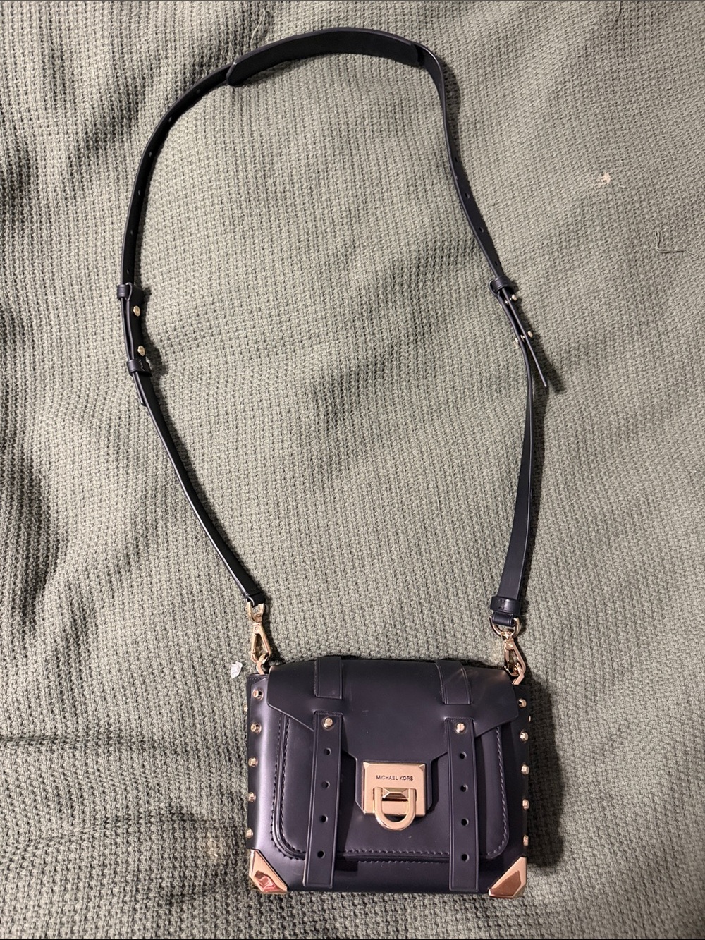 Michael Kors Black Leather Studded Crossbody with Gold Hardware